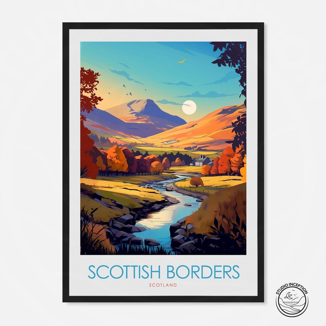 Scottish Borders Scotland Autumn River Valley Sunset Travel Poster