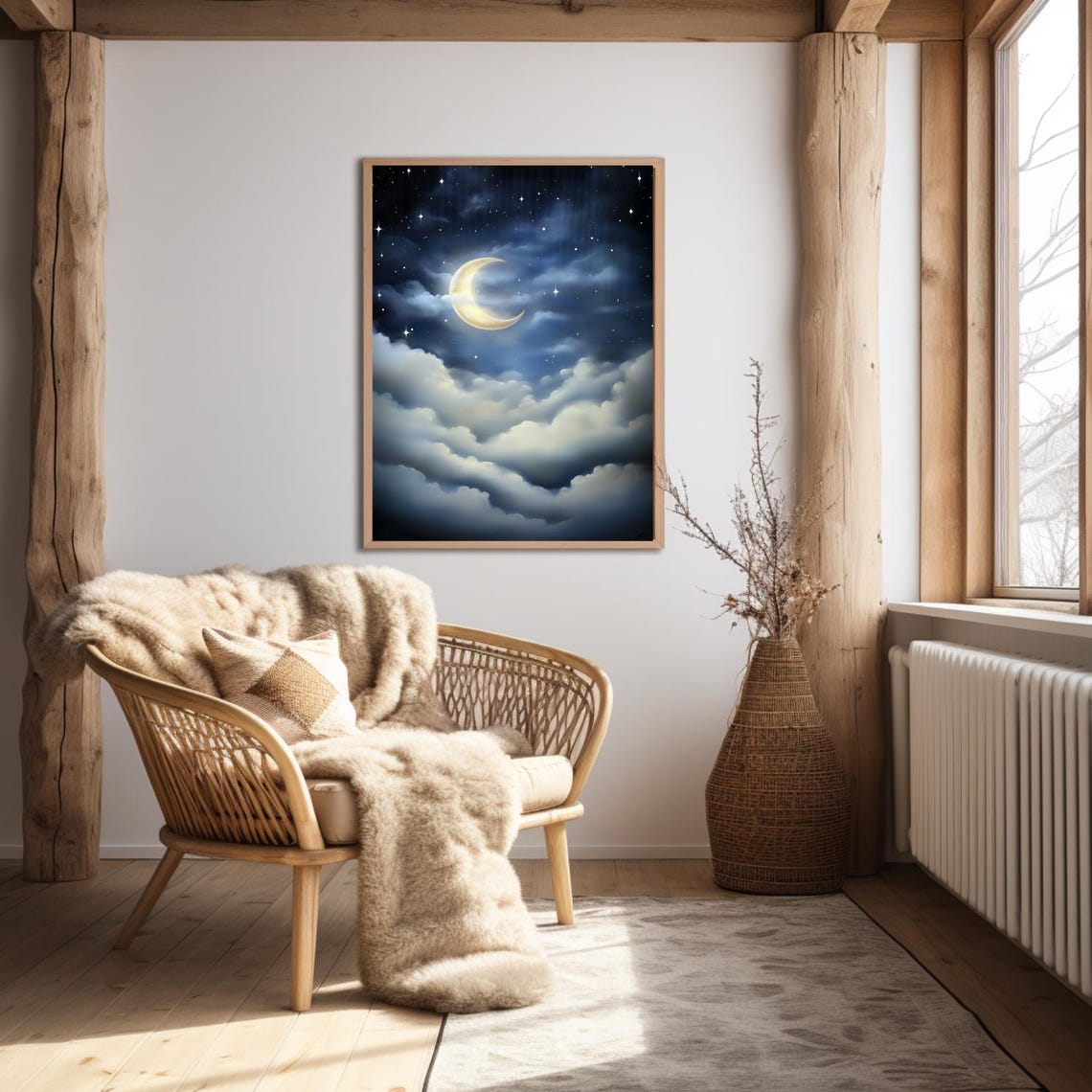 Misty Moon Print Starry Night Sky Painting Crescent Moon And Stars Wall Art Celestial Decor Witchy Lunar Poster Dark Moody Sky - Image 6