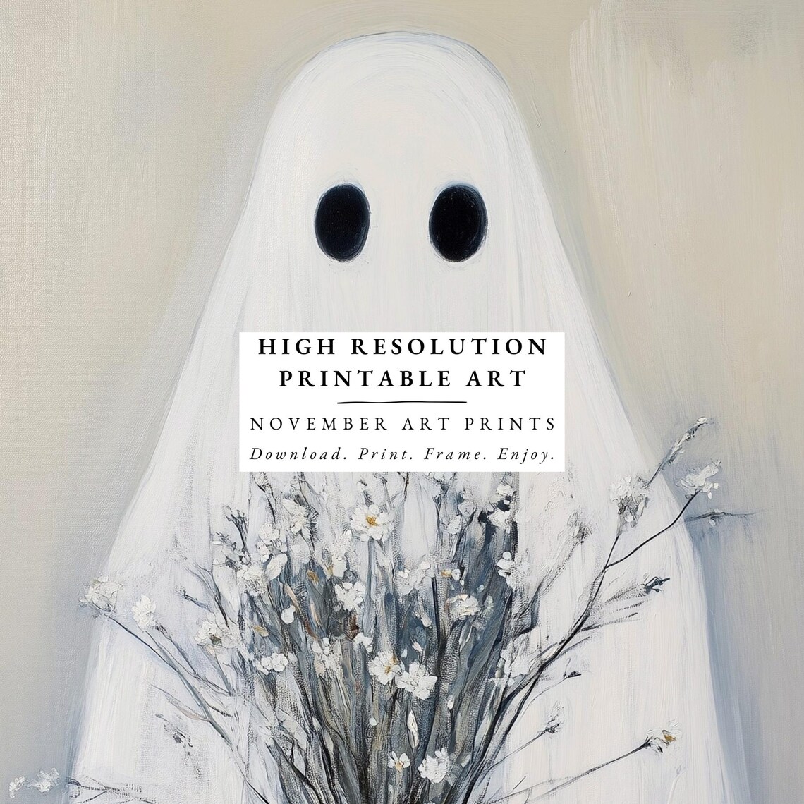 Cute Sheet Ghost Holding Wildflowers Halloween Painting Wall Art - Image 4