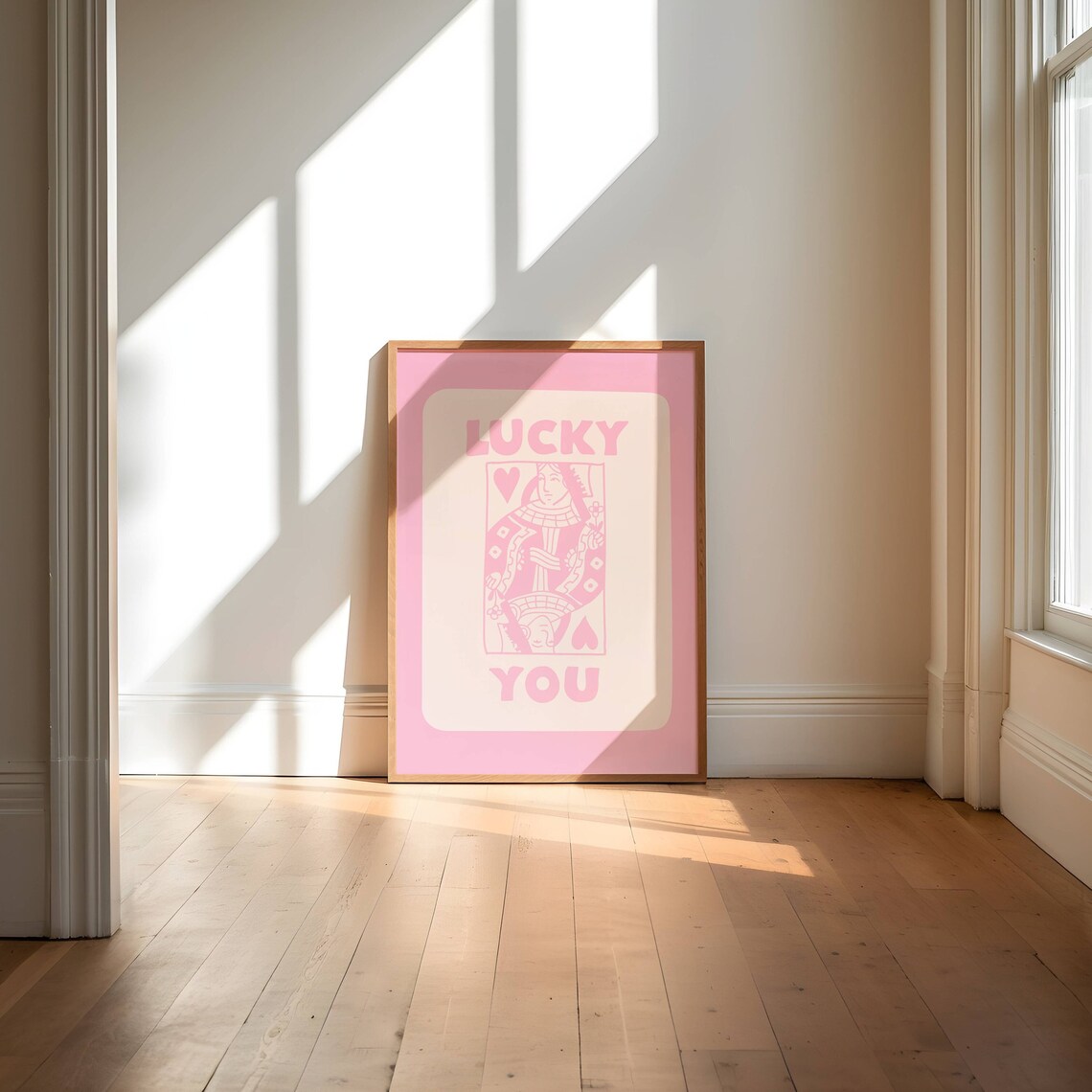 Lucky You Retro Pink Queen of Hearts Playing Card Art Poster