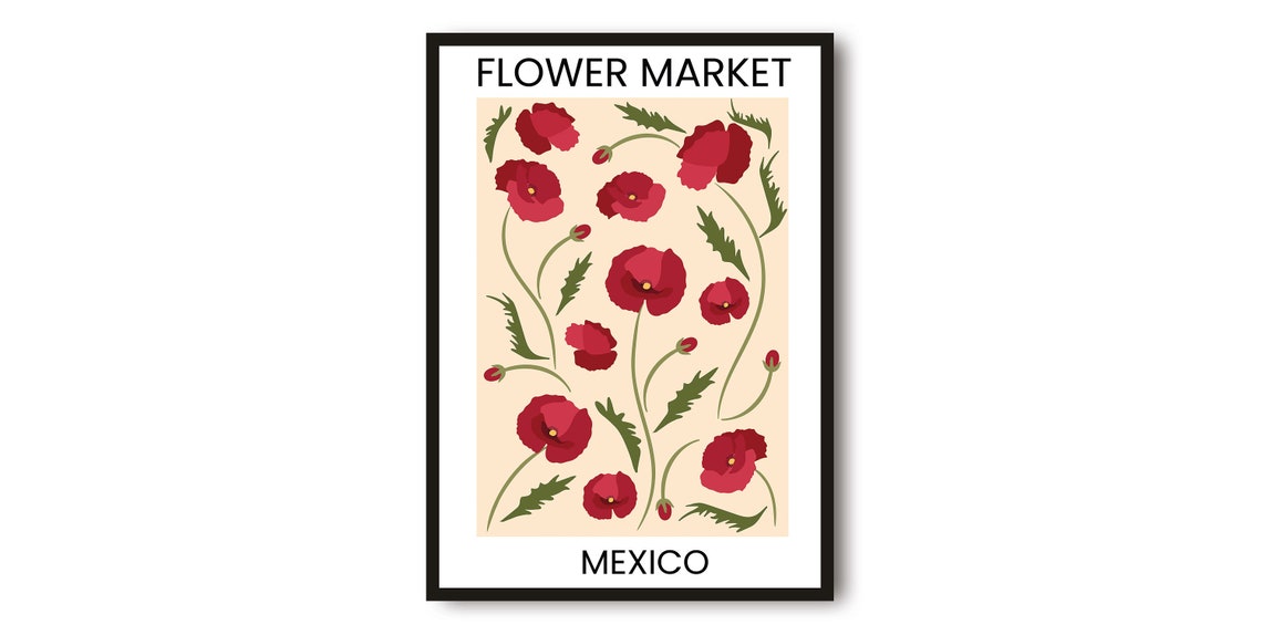 Mexico Flower Market Bold Red Poppy Blossoms Botanical Art Poster