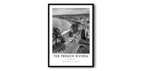 French Riviera Travel Poster, Minimalist Black And White