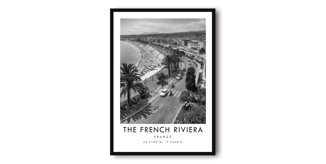 French Riviera Travel Poster, Minimalist Black And White