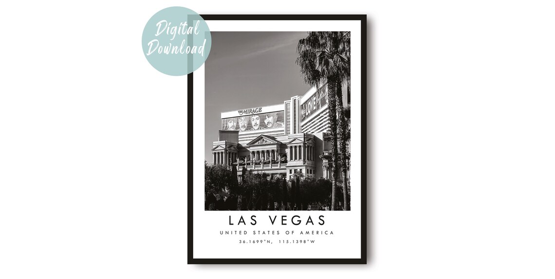 The Mirage Hotel on the Las Vegas Strip Black and White Travel Poster