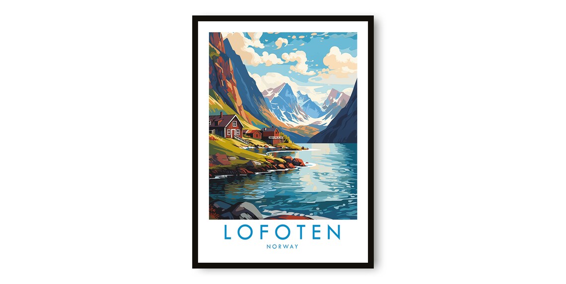 Lofoten Norway Fjord with Red Cabins Colorful Arctic Travel Poster