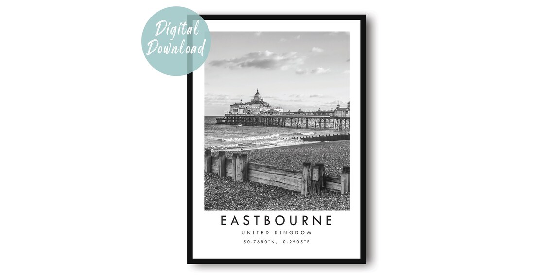Eastbourne Pier Seaside Black and White England Travel Poster