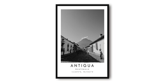 Antigua Guatemala Black and White Cobblestone Volcano Photo Poster