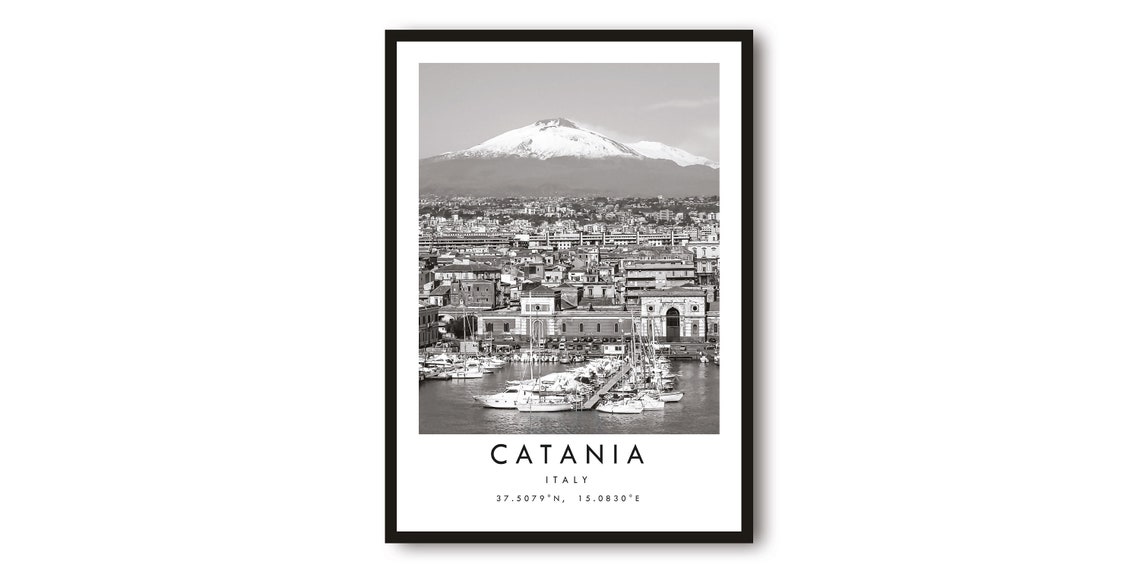 Catania Italy Mount Etna Harbor Black and White Travel Photo Poster