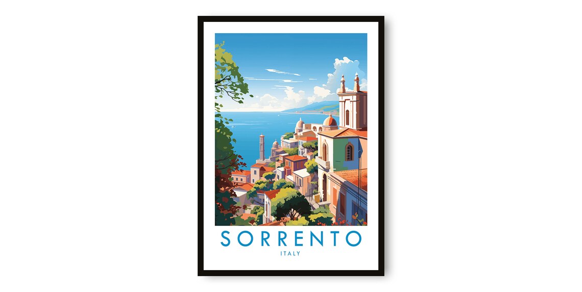Sorrento Italy Coastal Town Vintage Travel Poster Blue Sea View