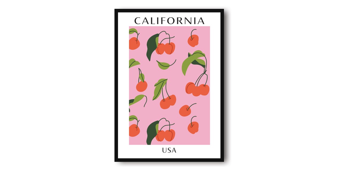 California USA Sweet Cherry Pattern Pink Fruit Market Art Poster