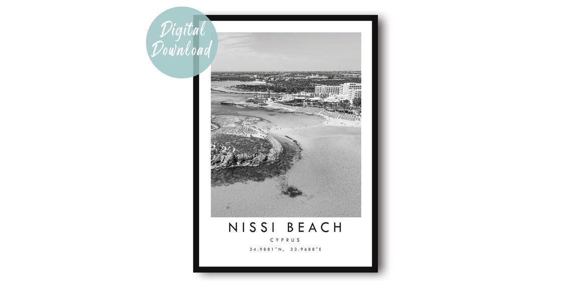 Nissi Beach Cyprus Aerial Shoreline Black and White Minimalist Poster