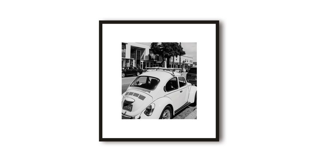 White Volkswagen Beetle Street Scene Black White Photo Poster