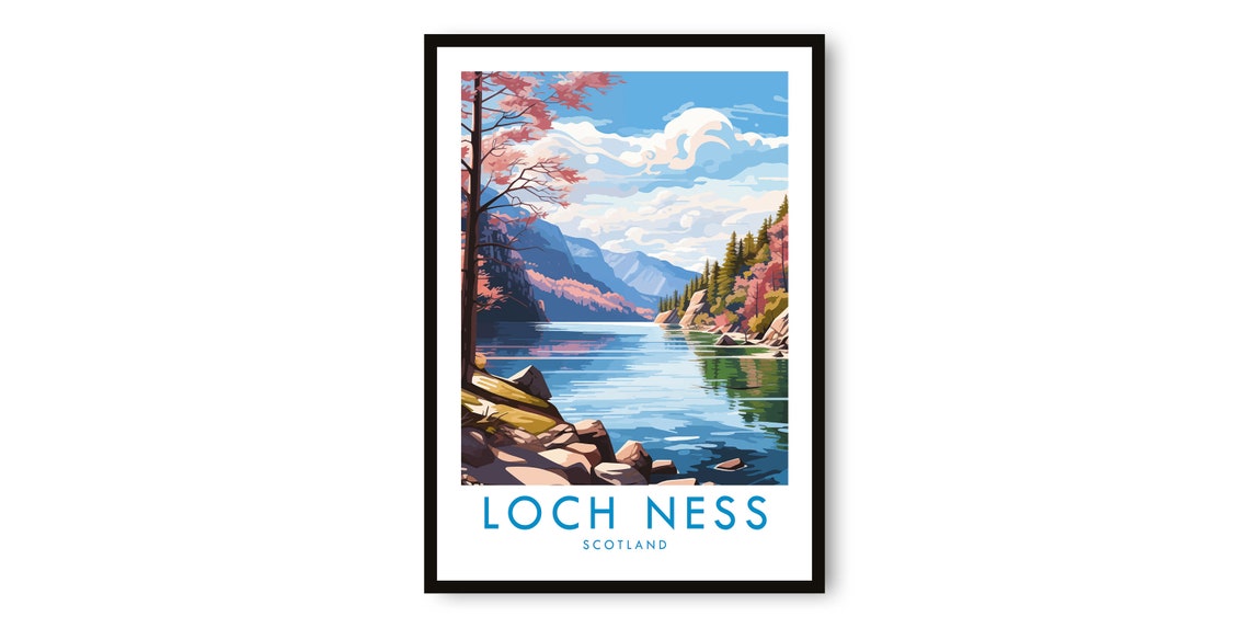 Loch Ness Scotland Poster with Pink Blossom Trees on the Shore