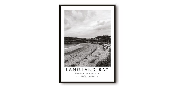 Langland Bay Gower Minimalist Black and White Travel Poster
