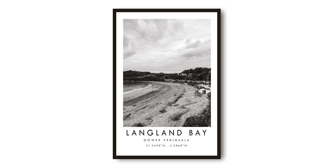 Langland Bay Gower Minimalist Black and White Travel Poster