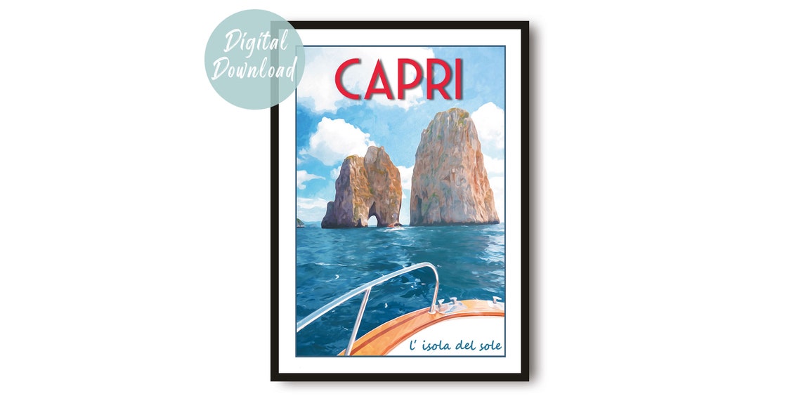Capri Faraglioni Rocks Viewed from a Boat Vintage Travel Poster
