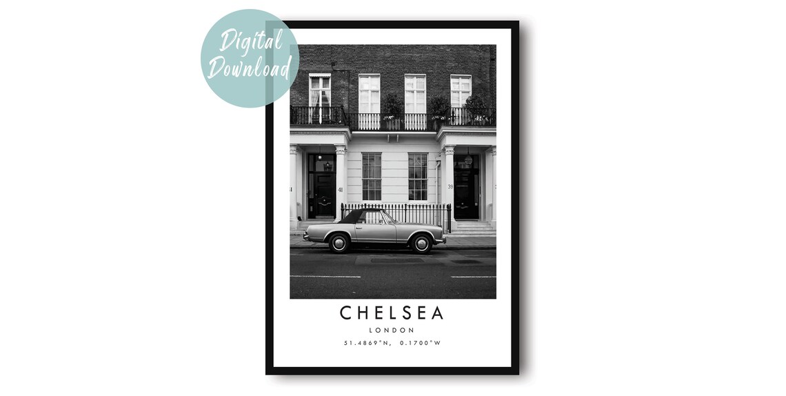 Chelsea London Classic Car Townhouse Black and White Travel Poster