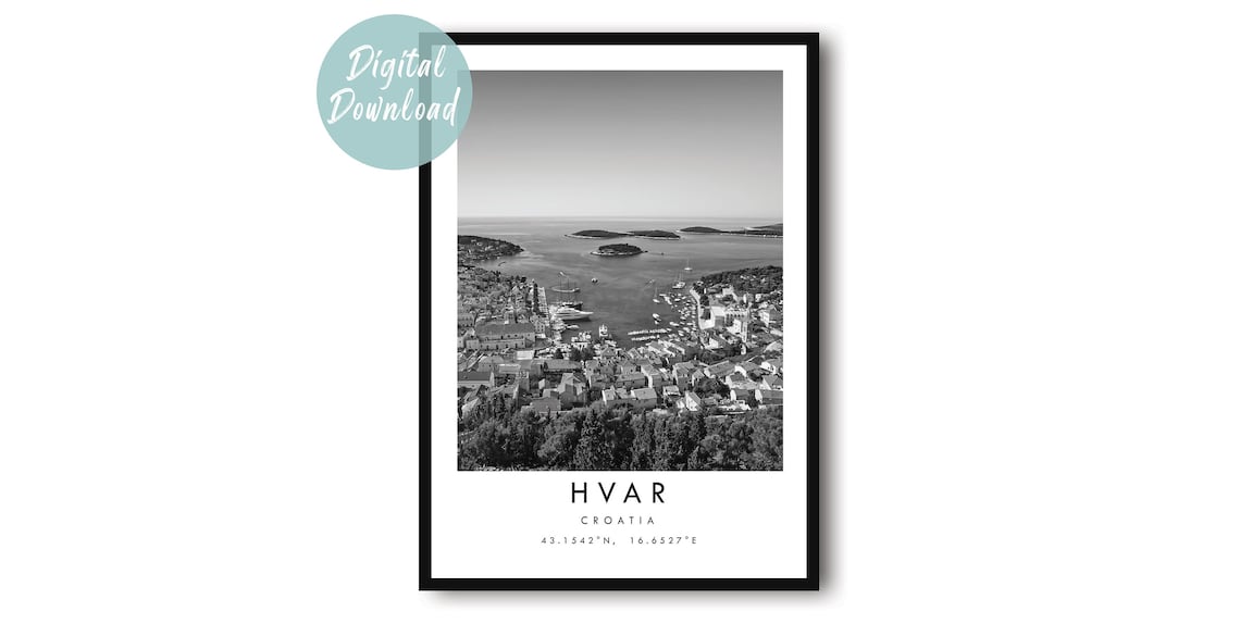 Hvar Harbor Aerial View In Black And White Croatia Travel Poster