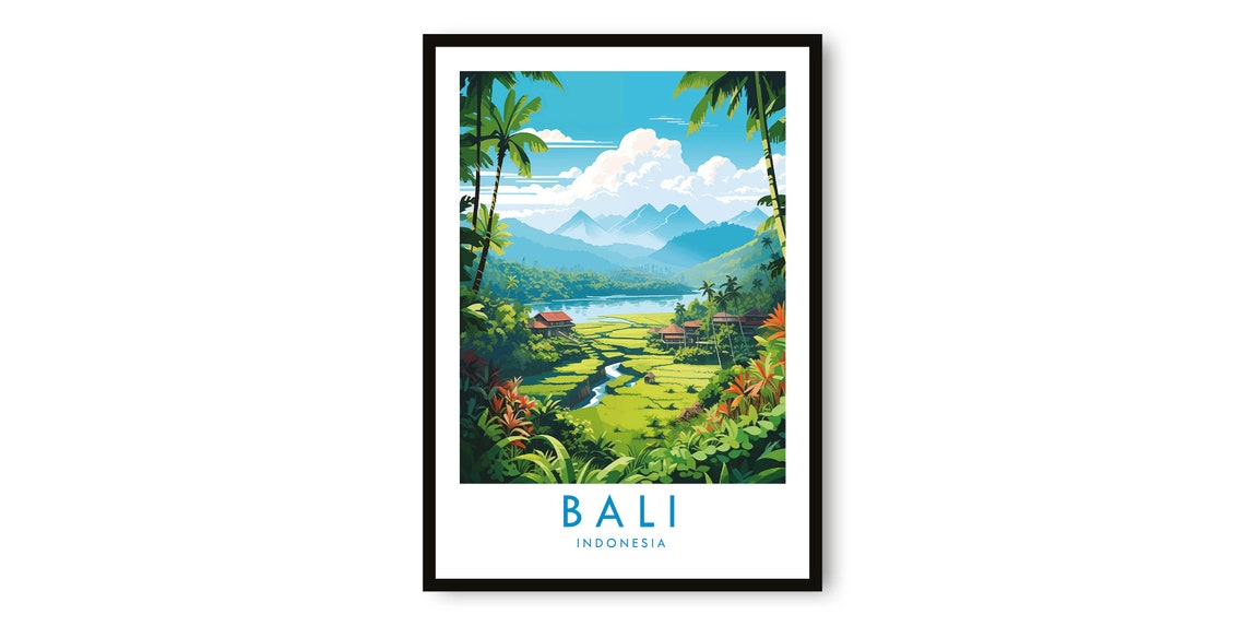 Bali Indonesia Lush Rice Terraces and Palm Trees Travel Poster
