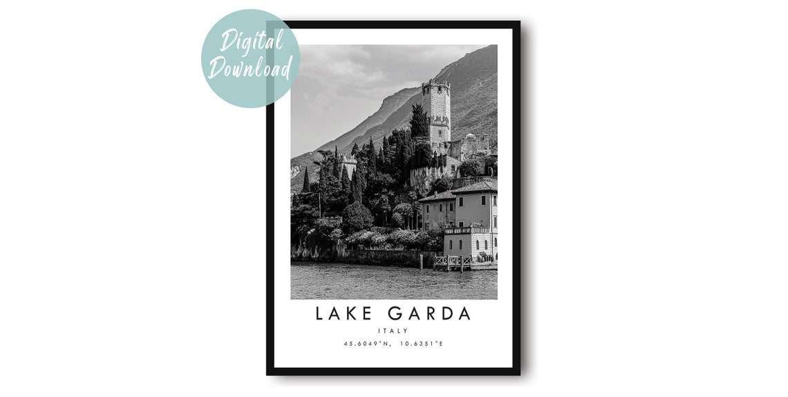 Lake Garda Medieval Castle on the Lakeshore Black and White Poster