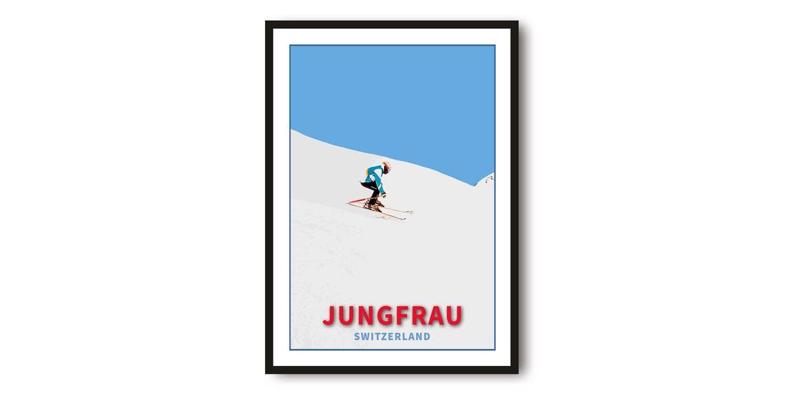 Jungfrau Switzerland Minimalist Skier Poster Blue Sky Powder Snow