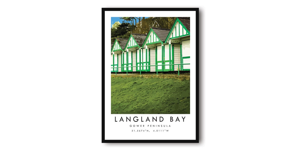 Langland Bay Gower Peninsula Poster with Green and White Beach Huts