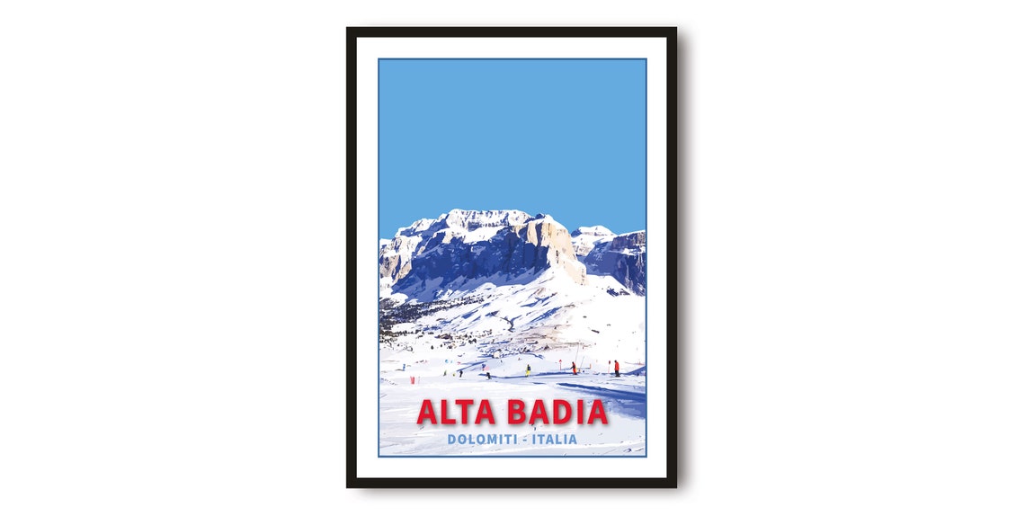 Alta Badia Dolomites Italy Skiers Snowy Mountain Peak Travel Poster