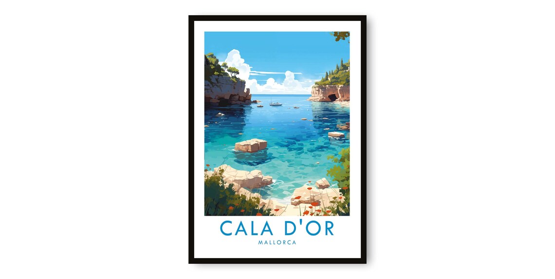 Cala d'Or Mallorca Travel Poster Turquoise Cove Cliffs Boats Scene
