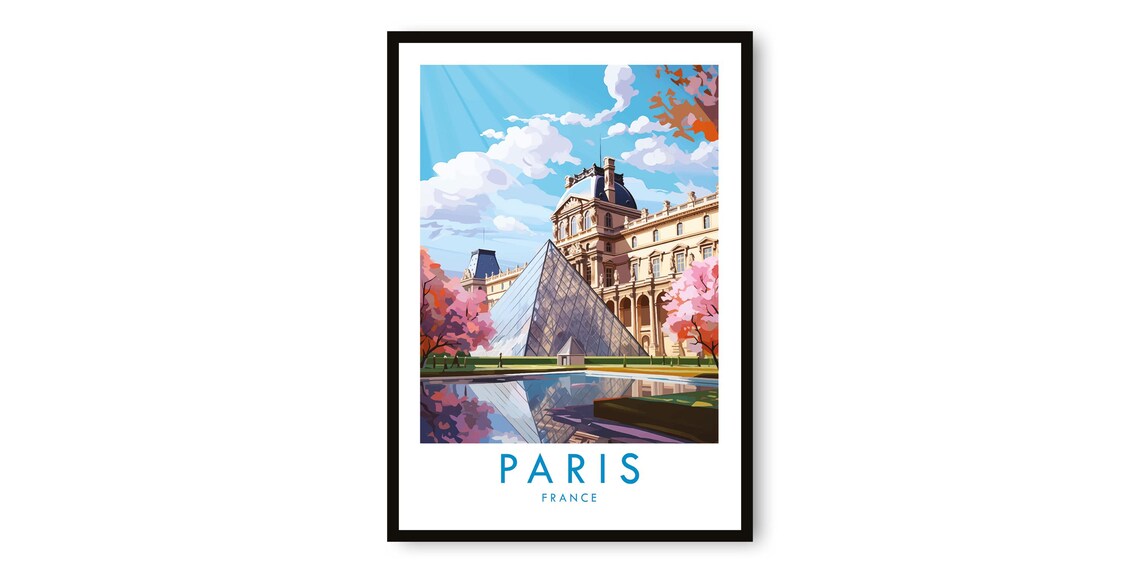 Paris France Louvre Pyramid Spring Blossom Minimalist Travel Poster