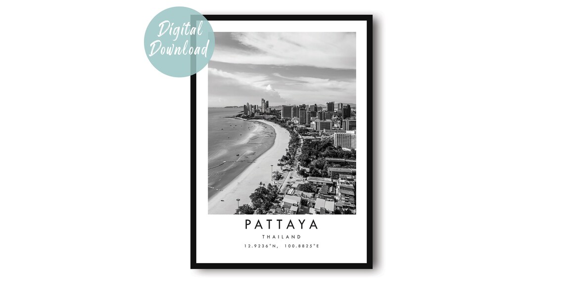 Pattaya Thailand Beach City Aerial Coastline Black And White Poster