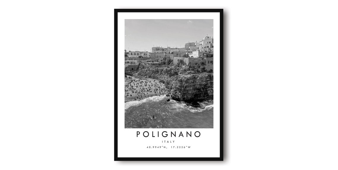 Polignano Italy Black and White Coastal Cliffs Town Photo Poster