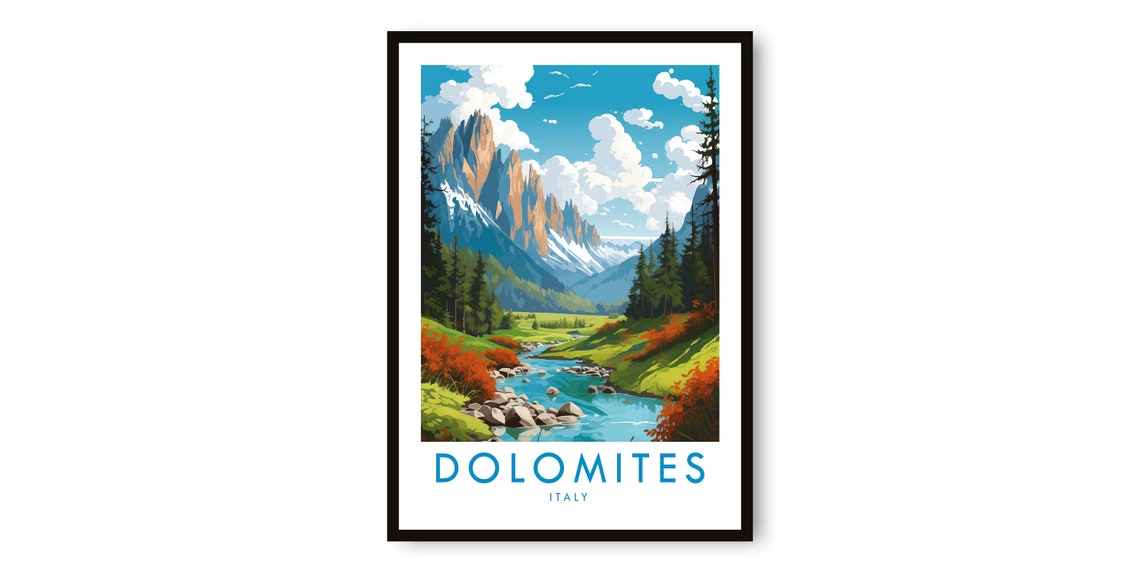 Dolomites Italy Travel Poster Alpine Peaks Mountain Stream Valley Art