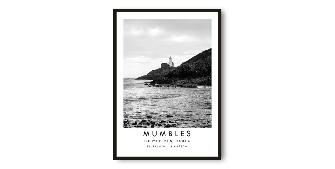 Mumbles Travel Poster, Black and White Minimalist