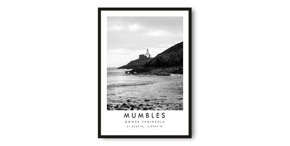 Mumbles Travel Poster, Black and White Minimalist