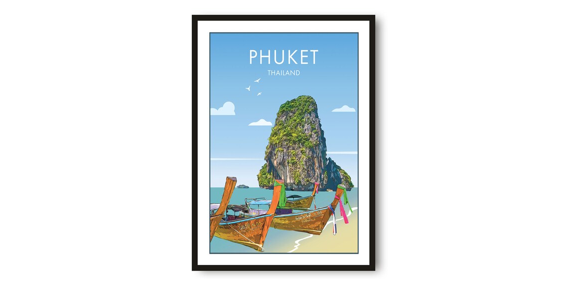 Phuket Thailand Longtail Boats by Limestone Karst Beach Travel Poster