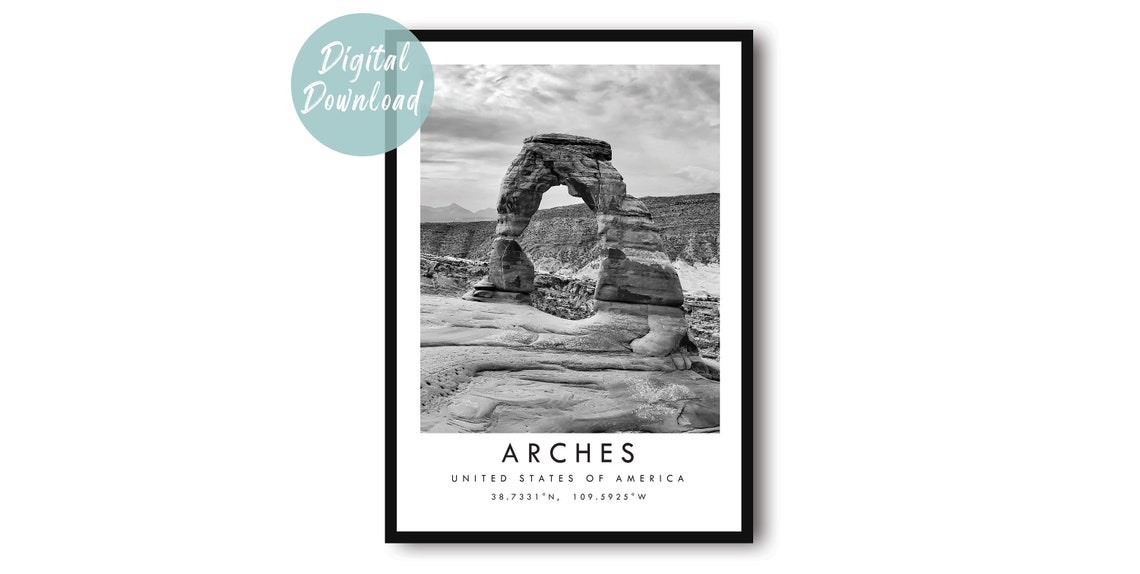 Delicate Arch at Arches National Park Black and White Travel Poster