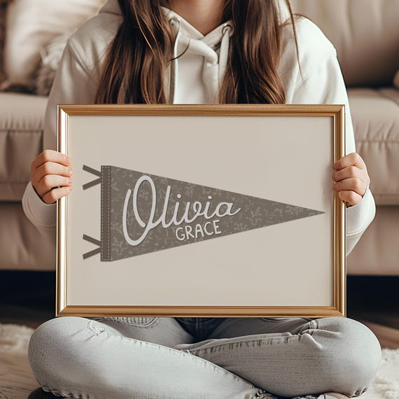 Custom Name Pennant Flag Personalized Banner Girls Room Decor Baby Shower Neutral Nursery Wall Art Print
