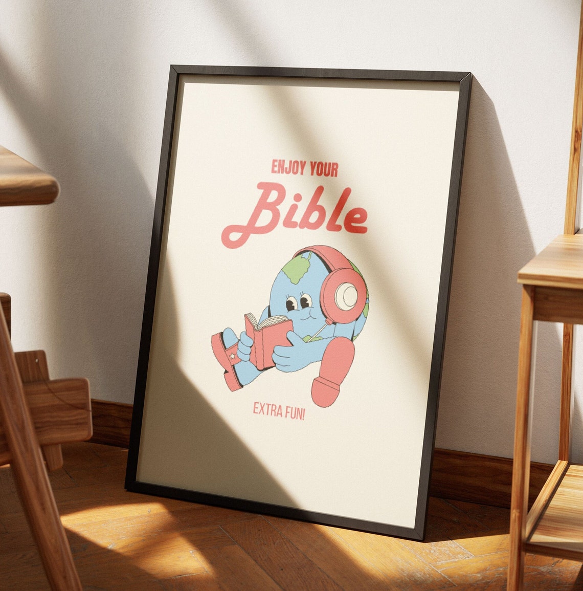 Enjoy Your Bible Retro Globe Mascot Reading Fun Faith Poster