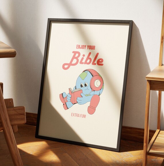 Enjoy Your Bible Retro Globe Mascot Reading Fun Faith Poster