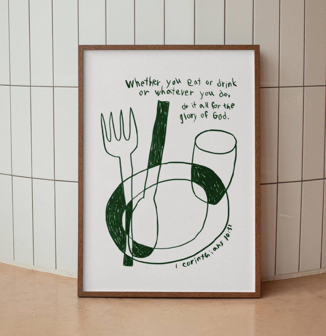 Glory of God Kitchen Scripture With Fork Plate Line Drawing Poster - Image 2