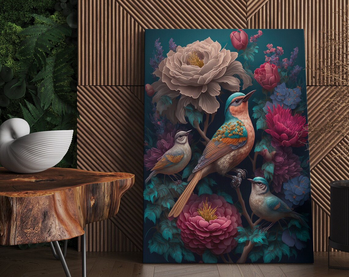 Jewel Tone Birds Among Peonies and Flowers Dark Botanical Art Poster - Image 3