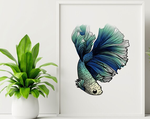 Betta Fish Wall Art Fighting Illustration Aquarium Blue Green Watercolour Print Instant Decor