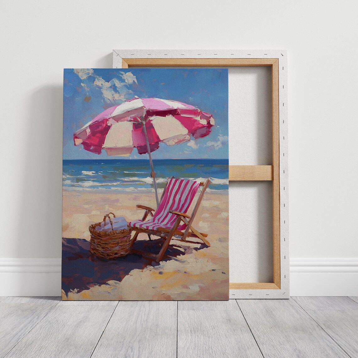 Pink Striped Beach Umbrella Chair Basket Sunny Seaside Art Print