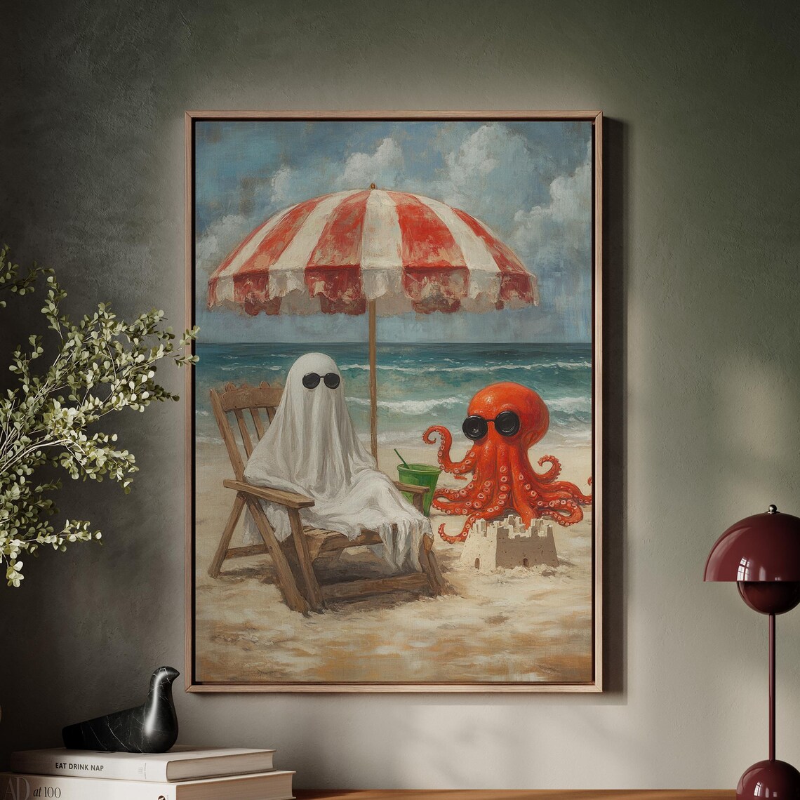 Ghost And Octopus At The Beach, Funny Summer Art Print