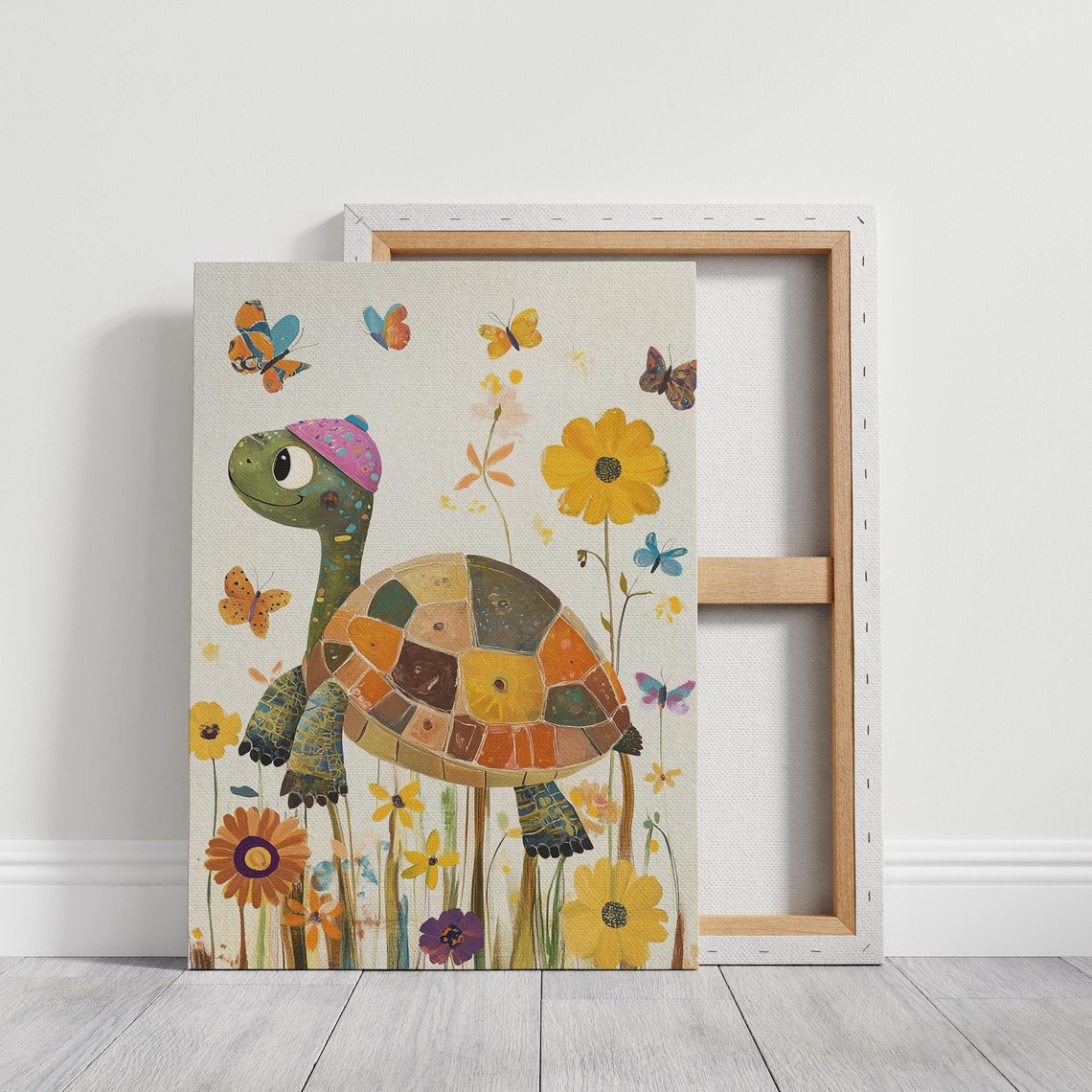 Whimsical Turtle With Patchwork Shell Among Butterflies Kids Poster