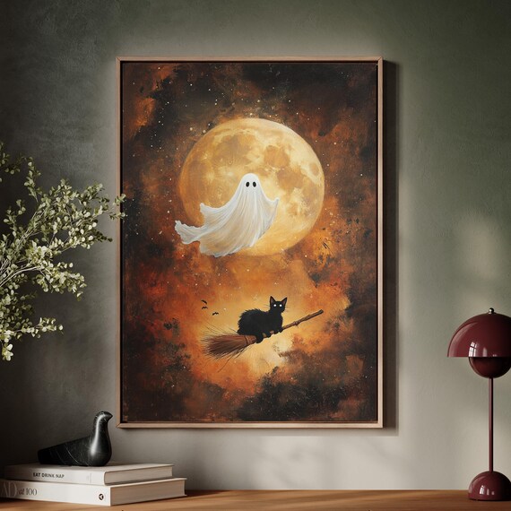 Cute Halloween Ghost and Black Cat, Spooky Autumn Decor