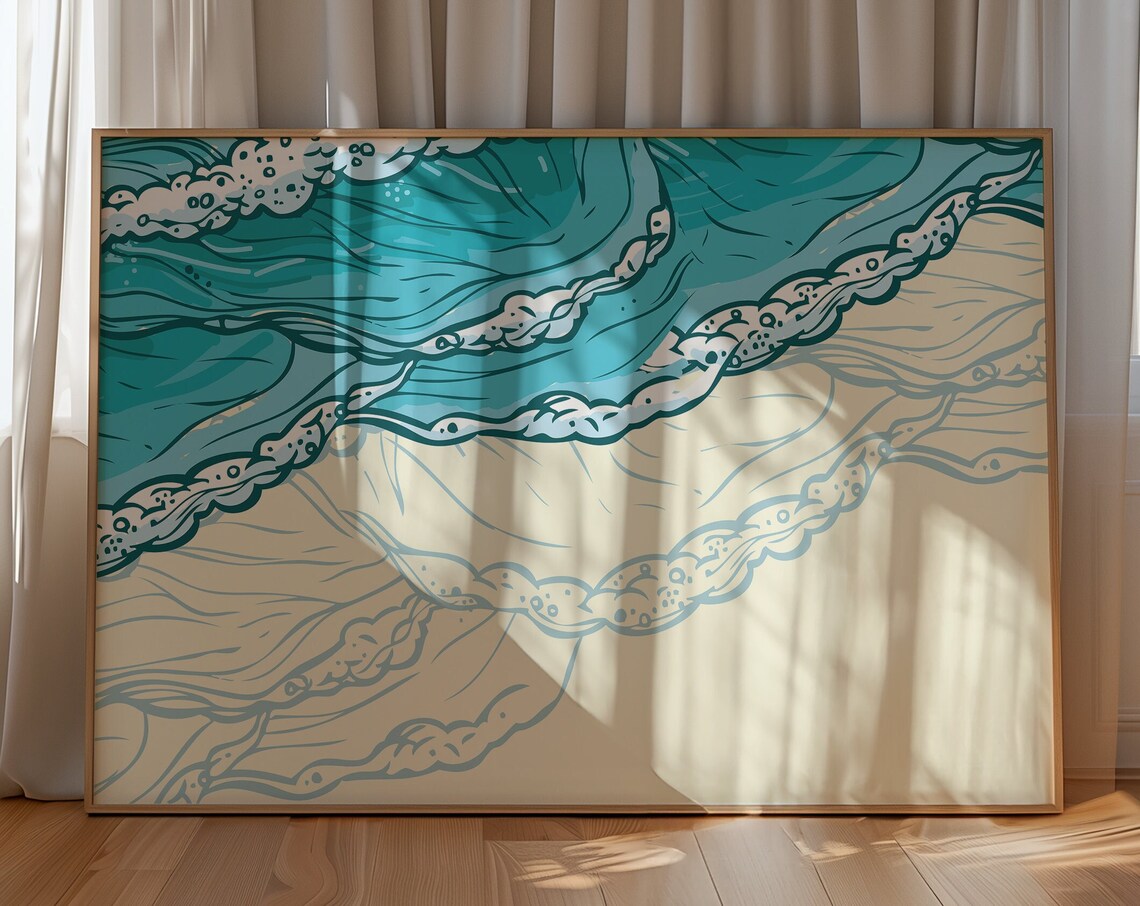 Aerial Teal Ocean Waves Foamy Surf Cream Sand Minimalist Poster