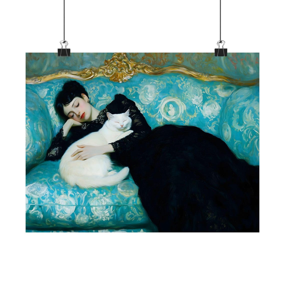 Woman In Black Lace Dress With White Cat On Teal Sofa Gothic Art Print