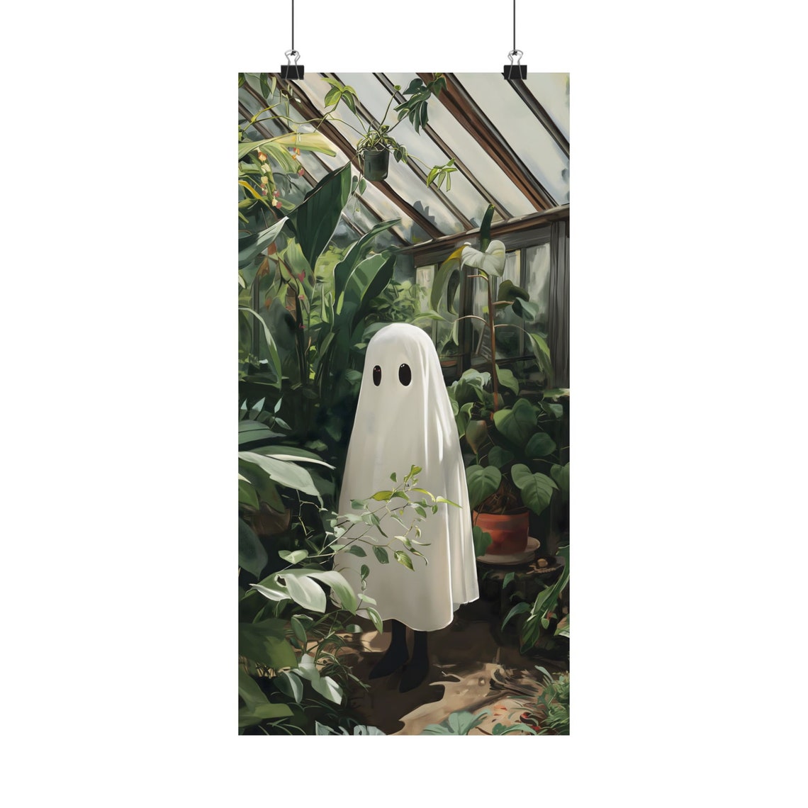 Cute Ghost Standing In Lush Greenhouse Plants Cottagecore Art Poster - Image 2