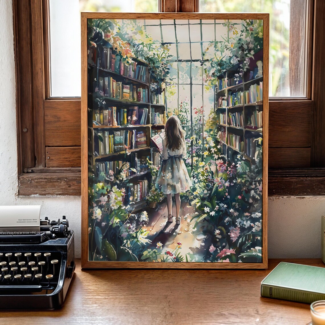 Anime Girl Reading Greenhouse Library Sunlit Watercolor Art Poster
